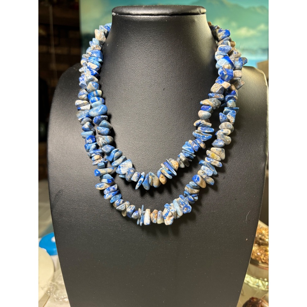 Necklace Blue Vintage Lapis Lazuli Chip Double‎ Strand Continuous Loop Boho 34"